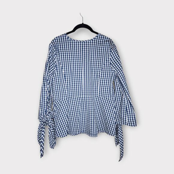 Universal Standard for J. Crew Gingham Tie Sleeve Blouse Checkered Women’s Med - Picture 7 of 7